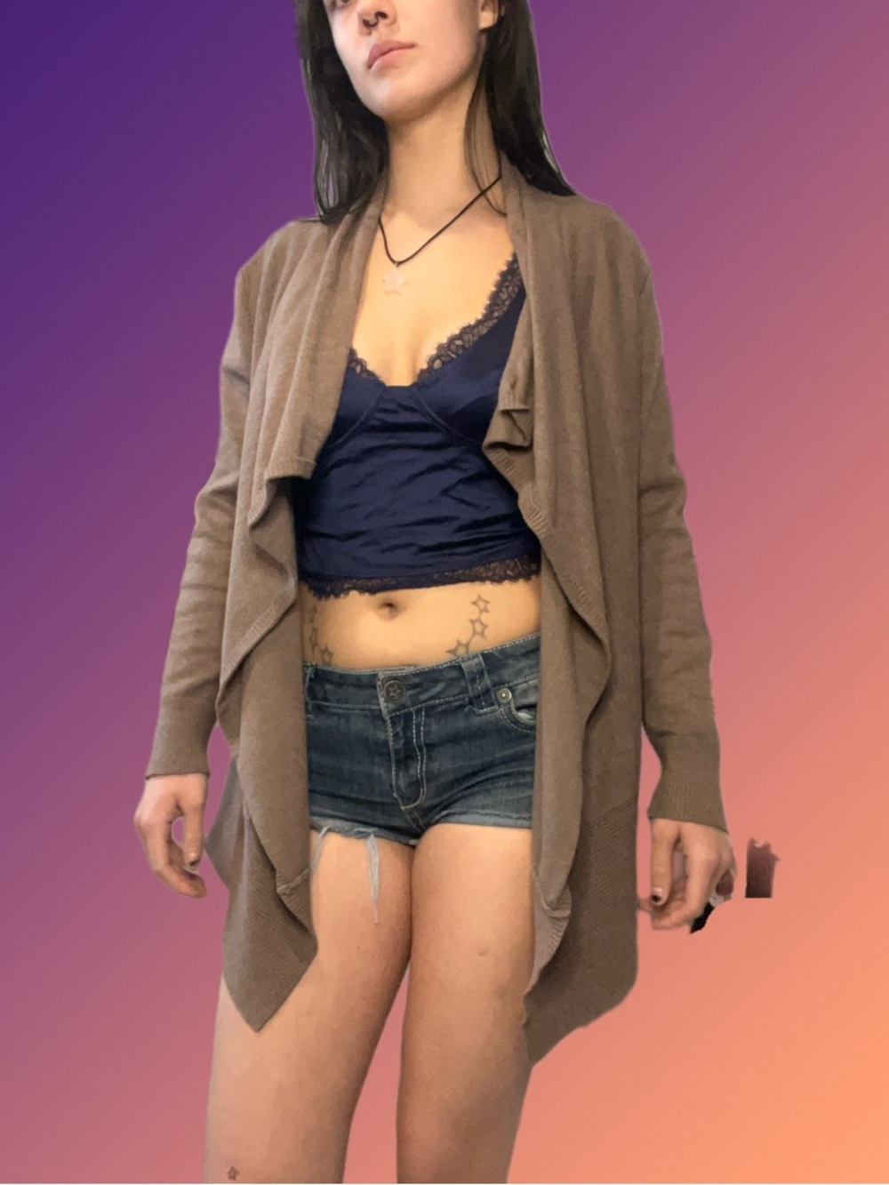 cleo Open-Front Draped Cardigan in Brown